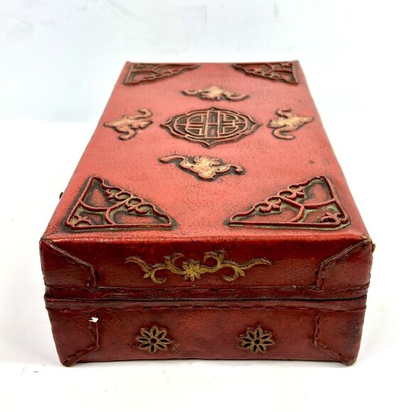 Antique 19th Century Handmade Leather Red Chinese Box Lacquered gold gilt symbol - Picture 5 of 16
